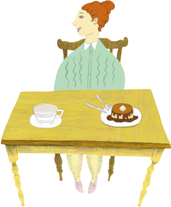紅茶とホットケーキを食べる人のイラスト